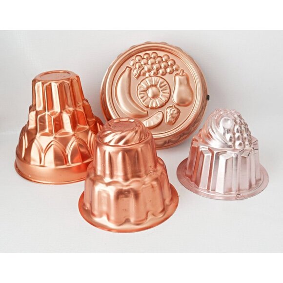 Set Of 4 Vintage Copper-Tone Jelly Molds With Fruit & Geometric Designs Assorted - Picture 1 of 6